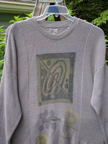 Vintage 1995 Cotton Rayon Linear Tunic Top featuring Atom theme paint, variegated yarns, ribbed neckline, and dippy hemline. Perfect for creative expression. From BlueFishFinder.com.