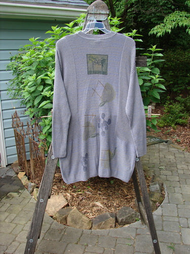 Vintage 1995 Cotton Rayon Linear Tunic Top featuring Atom theme paint on a grey sweater, with variegated yarns and contrasting stitchery. From BlueFishFinder's collection of unique, expressive vintage Blue Fish Clothing.