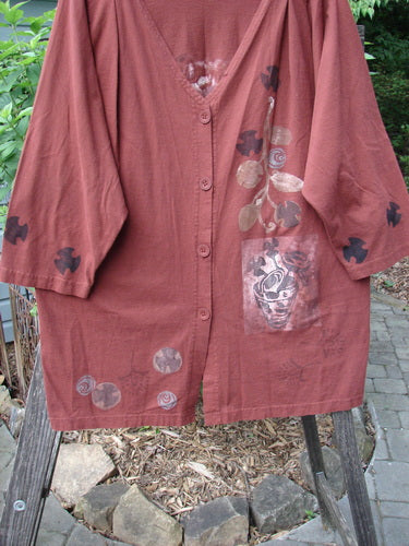 Vintage 1994 Haiku Jacket with Forest Vase theme, altered for a unique look. Medium-weight cotton, V-neck, recycled paper buttons, and pleats. From BlueFishFinder's collection of expressive, collectible fashion.