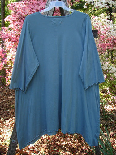 Barclay NWT Color Wheel Tunic Bird Gal Delaware Size 2, featuring a rounded neckline and three-quarter lettuce-edged sleeves, hangs outdoors, showcasing its A-line shape and unique painted theme.