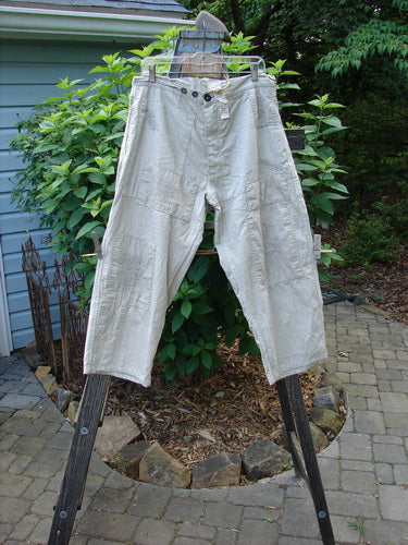 Magnolia Pearl NWT Patched Lilou Trouser Black Pinstripe OSFA hanging on a clothesline outdoors. Wide leg, patch overlays, front pockets, and intricate stitchery. Reflects BlueFishFinder's vintage, creative ethos.