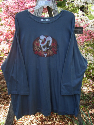 Barclay Long Sleeved Studio Tee Metallic Love Dove Steel Grey OSFA features a heart graphic with birds and florals on a tunic-style, loose fit, highlighting Bluefishfinder.com's unique vintage-inspired design.