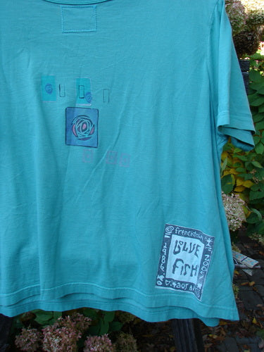 Barclay Crop Top with Blue Fish Stamp and Rose Medallion Paint - Aqua Size 3.