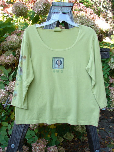 A green shirt with a square design on it, featuring a deeper neckline and three-quarter length sleeves. The shirt is in perfect condition and made from cotton lycra.