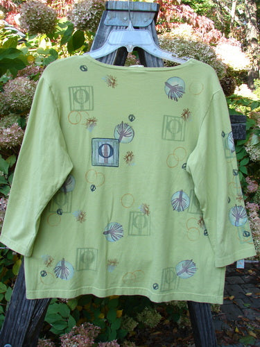 A Barclay Deep Neck Tee in Citron, Size 1. Features a rounded deeper neckline, three-quarter sleeves, and a figure-eight measurement. Continuous rear paint and a front single sweet window art. Bust 44, waist 40, hips 44. Length is 24 inches.