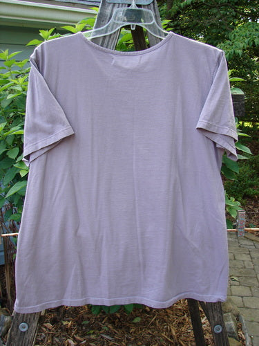 Barclay Short Sleeved Tee Leaf Branch Lilac Size 0 displayed on a clothes rack, showcasing its detailed leaf branch pattern and wider short sleeves, made from mid-weight organic cotton.