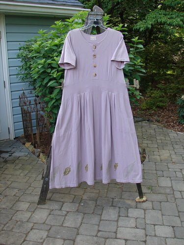 2000 LuLu's Dress Leaf Hyacinth Size 1, hanging on a clothes rack, showcases a drop waist, two inseam pockets, button top closure, pleated front darts, and leaf-themed paint detailing.