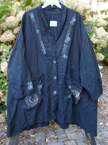 Barclay Hemp Cotton Carriage Coat with Celestial Theme, featuring V-neckline, oversized pockets, A-line shape, and unique vintage buttons.