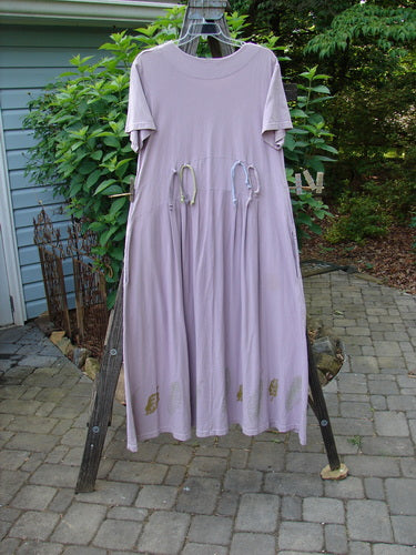 2000 LuLu's Dress Leaf Hyacinth Size 1 on a clothes rack, featuring a drop yoked waistline, two inseam pockets, button closure, wide swingy lower, pleated front darts, and leaf theme paint.