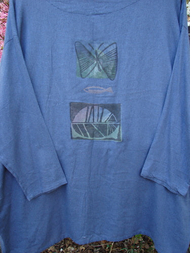 1995 Silk Noile Long Sleeved Top Leaf Fish Butterfly Dusk OSFA: Loose-fit blue tunic with butterfly, fish, and abstract pattern, showcasing a unique drape and rare silk texture, epitomizing vintage Blue Fish creativity.