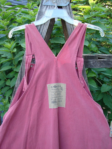 1996 Denim Overall Jumper Rock Journey Ember Size 1 displayed on a hanger, showcasing its painted front bib pocket, adjustable shoulder straps, and metal button side adjustments.