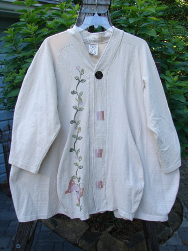 1996 Reprocessed Spring Rain Jacket Garden Vine Birch Bark OSFA, featuring a floral design, vintage closure, A-line shape, deep side pockets, and detailed garden vine theme accents.