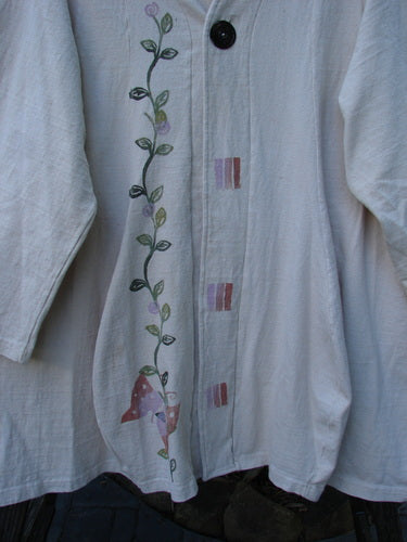 1996 Reprocessed Spring Rain Jacket Garden Vine Birch Bark OSFA, showcasing a detailed garden vine design, single vintage closure, deep side pockets, and lower belled side accents.