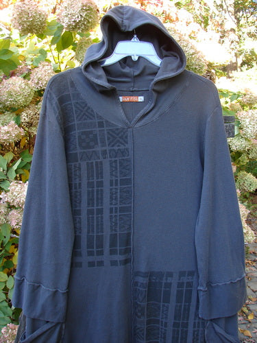 Barclay Thermal Hooded Pocket Tunic in Slate, size 1: Grey hooded sweatshirt with oversized drop wrap circle pockets and wider cuffed lower sleeves.