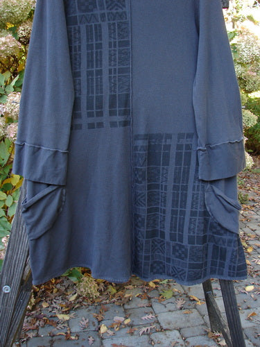 Barclay Thermal Hooded Pocket Tunic in Slate, a long blue shirt dress with pattern, cotton lycra combination, oversized hood and pockets, A-line shape, unpainted, size 1.