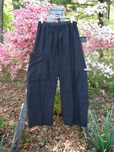 Barclay Linen Striation Single Side Pocket Pant in Unpainted Black, displayed on a hanger. Features include an elastic waistband and a distinctive cargo-style side pocket, set against a floral outdoor backdrop.