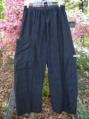 Barclay Linen Striation Single Side Pocket Pant Unpainted Black Generous Size 0, featuring a loose fit, full elastic waistband, oversized thigh pocket, and medium-weight linen with light striation, hanging outdoors.