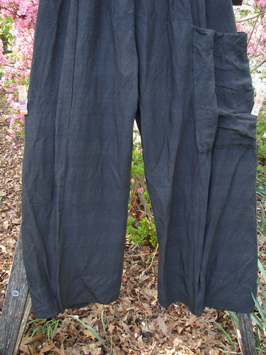 Barclay Linen Striation Single Side Pocket Pant in Unpainted Black hanging outdoors, showcasing its loose fit and large right leg patch pocket, ideal for creative expression in generous size 0.