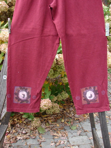 1997 Holiday Simple Pant Balanced Atom Regalia Size 0: A pair of pants with a flower design, featuring a close-up of a flower and leaves on the ground.