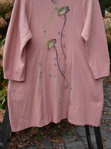 1996 Reprocessed Spring Rain Jacket Bud Time Altered Petal OSFA: A pink shirt with a flower design, vintage closure, A-line shape, deep side pockets, and detailed paint and belled accents.