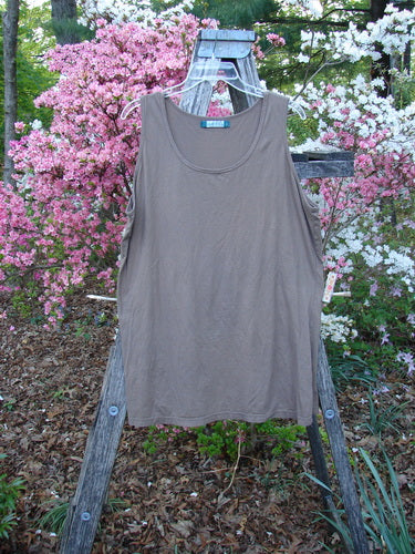 Barclay Lightweight Basic Tank Top Unpainted Dusty Bark Smaller Size 2 displayed on a ladder outdoors, showcasing its straight bodice, rounded neckline, and average length, emphasizing its versatility for layering.