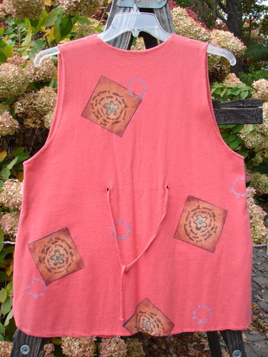 1997 Elements Dock Vest Ocean Life Altered Firefly Altered Size 1: A pink shirt with designs on it, featuring a single button closure, signature patch, high vented rounded sides, a draw cord back, and double layered medium weight cotton.