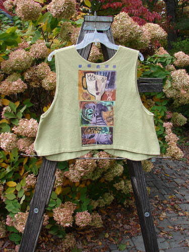 1997 Troubadour Vest Blue Fish Gal Mellon Size 1: Organic cotton shirt with abstract fish gal theme paint and Blue Fish patch.