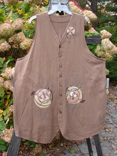 Image alt text: "1997 Merchant Vest with Floral Spin design, made from Organic Cotton, A-line shape, diamond cut buttons, rear tunnel tab, shorter scoop hemline. Perfect condition."

Note: The alt text has been shortened to fit within the character limit of 120 characters.