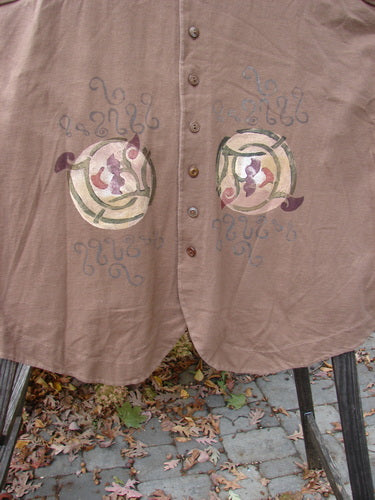 Image alt text: "1997 Merchant Vest with floral spin design on brown shirt, featuring diamond cut buttons and rear tunnel tab. Perfect condition, made from organic cotton."