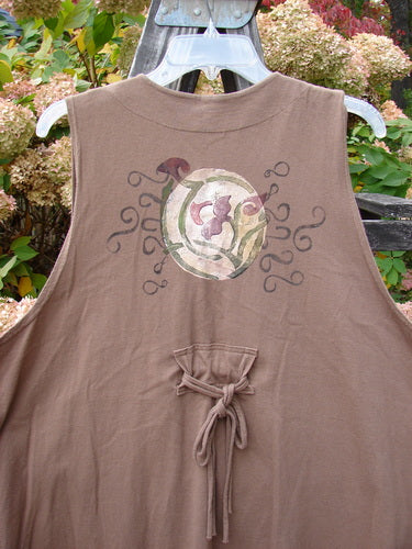 Image alt text: "1997 Merchant Vest with floral spin design, made from organic cotton, featuring a brown shirt with a turtle on it and a close-up of a tie."