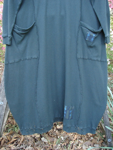 Barclay Patched Thermal Curve Dress Forest Size 2 displayed on a bench, featuring long sleeves, hip-level pockets, decorative patches with cats, a figure-eight shape, and a distressed hem.