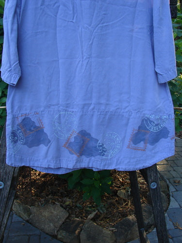 2000 Tencel Camp Shirt Airmail Twilight Size 0, featuring a smaller Peter Pan collar, oversized contrasting buttons, front drop pocket, lower widening seam, full paneled sweep, and airmail-themed paint.