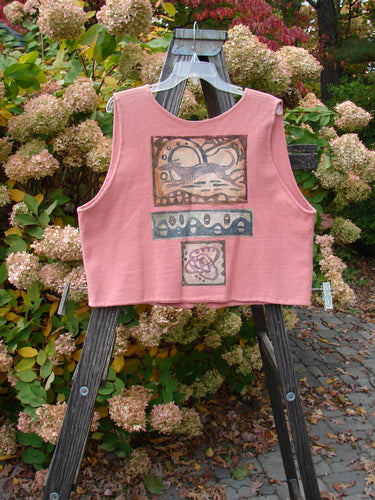 1995 Jazz Vest Greyhound Papaya Size 2: A pink shirt on a wooden easel with a close-up of a painting.