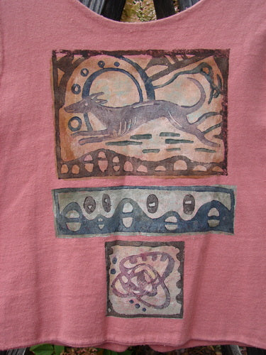 1995 Jazz Vest Greyhound Papaya Size 2: A close-up of a t-shirt with a greyhound-themed painting. Made from double-layered reprocessed cotton, this vest features a deep V neck, single button closure, and contrasting angled hemlines. Perfect condition.