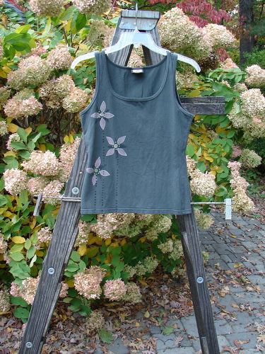 Barclay Cotton Lycra Tiny Tank with Triple Floral Design, Grey Storm. Rounded neckline, slightly flared shape, medium weight.