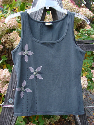 Barclay Cotton Lycra Tiny Tank with Triple Floral Design, Size 0. A grey tank top with purple flowers, perfect for summer.