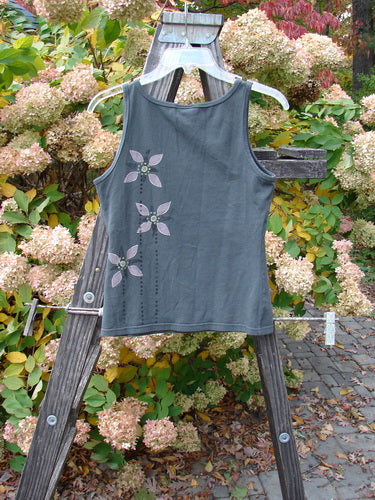 Barclay Cotton Lycra Tiny Tank Triple Floral Grey Storm Size 0: A grey tank top with flowers on it, perfect for summer.