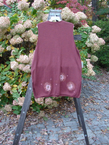 1997 Cashmere Archway Vest Celtic Wheel Stained Glass OSFA: A red shirt on a stand with a close-up of a purple shirt.