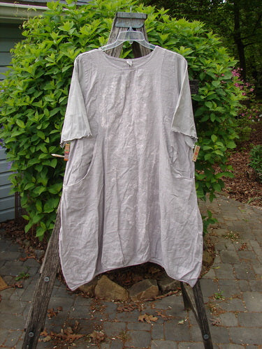 Barclay Cotton Sleeved Frenchtown Studio Dress Wild Flower Rice Paper Size 0, featuring a loose fit, short sleeves, rounded neckline, and distinctive angular pockets, hanging on a rustic outdoor ladder.