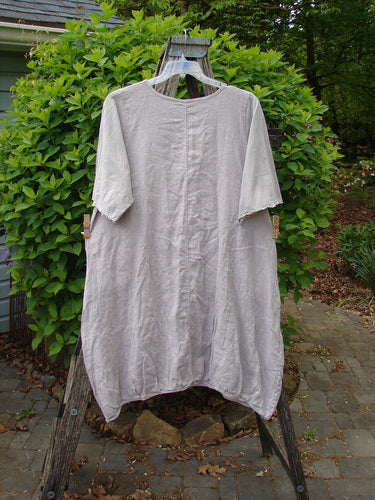 Barclay Cotton Sleeved Frenchtown Studio Dress Wild Flower Rice Paper Size 0, displayed on a wooden ladder, highlighting its elbow-length sleeves, rounded neckline, and distinctive curvy seams with S-shaped curves.