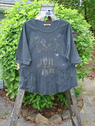 Barclay Banded Artist Pocket Top Metallic Kitty Kitty Black Size 1 displayed on a ladder outdoors, features whimsical cat-themed graphics, scalloped hem, and pockets, reflecting Bluefishfinder.com's creative, vintage-inspired style.