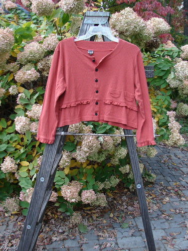 2000 Wool Pointelle Annu Jacket Unpainted Bittersweet Size 0: A pink sweater on a wooden ladder, with lettuce edged accents and rounded pockets.