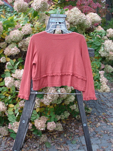2000 Wool Pointelle Annu Jacket Unpainted Bittersweet Size 0: A red shirt on a wooden rack, with a ladder and pink shirt nearby.