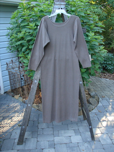 1991 Rib Thermal The Skinny Dress Unpainted Nut Brown Altered OSFA displayed on a wooden rack; features long sleeves, rounded neckline, and straight linear shape, showcasing a rare vintage Blue Fish design.