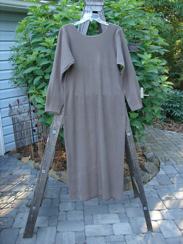 1991 Rib Thermal The Skinny Dress Unpainted Nut Brown Altered OSFA displayed on a wooden ladder, showcasing its long sleeves, rounded neckline, and straight linear shape, highlighting vintage Blue Fish design.