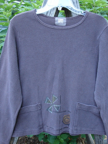 1999 Thermal Boatneck Pullover Chick Currant Size 0 displayed on a hanger, showcasing long sleeves, boxy A-line shape, two front pockets, and a playful chicky theme design.