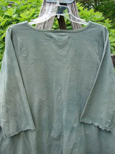 Barclay Crop A Lined Cafe Tee Cow Farm Grass Size 0 features a loose-fitting, long-sleeved design with lightly ruffled hems and a rounded neckline, displayed on a hanger against green foliage.
