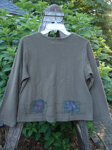 1999 Thermal Boatneck Pullover Fall Leaf Mud Size 0 displayed on a hanger, featuring long sleeves, two front billowy pockets, and an A-line shape with a swing and drape effect.