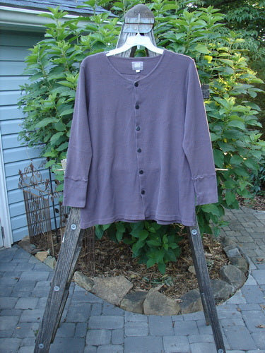 2000 Thermal Lu Top Unpainted Eggplant Size 1 on a wooden hanger, displaying ribbed cuffs and rubberized buttons, with a slightly A-line shape and ribbed texture.