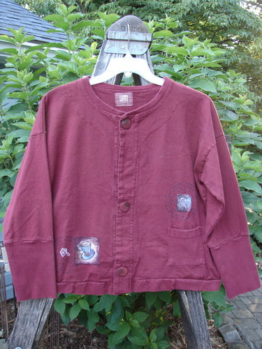 1999 Cottage Cardigan Heart Cup Cinnamon Size 0 displayed on a hanger, showcasing ribbed lower sleeves, double-layered neckline, hemline, front pocket, and three oversized vintage buttons.